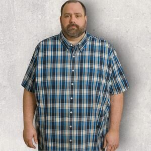 Nautica Men’s Button Down Shirt 4XL Blue Plaid Short Sleeve Big & Tall Cotton